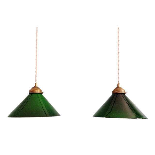 Art Deco Conical Green Opaline Glass Pendant Lights, Set of 2 For Sale