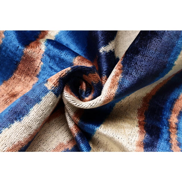 Blue Handmade Velvet Ikat Lumbar Pillow 16x24 | Blue Swirl Stripe For Sale - Image 8 of 8