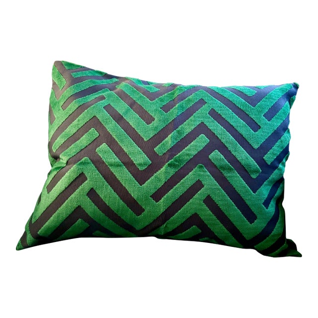 Contemporary Abstract Green & Blue Velvet Pillow Cover For Sale
