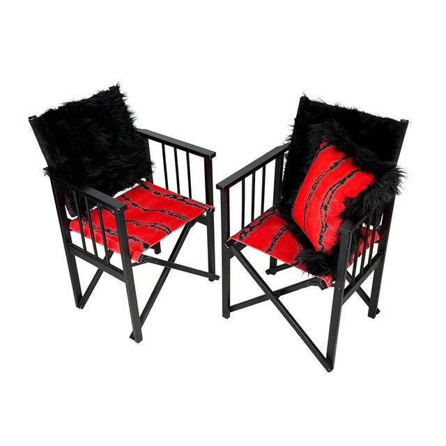 Vintage 1980s Pair of (2) Danish Folding Armchairs / Directors Chairs Set by Hyllinge Møbler - Red Flame Velvet & Black Faux Fur Upholstery For Sale - Image 4 of 18