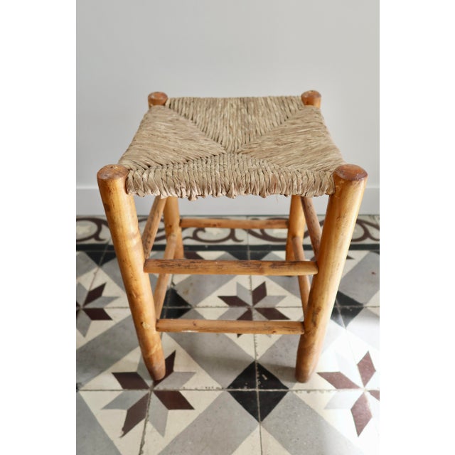 Vintage Low Stool in Honey-Yellow Tones of Wood Straw Seat, 1980s For Sale - Image 4 of 7