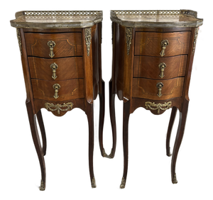 Pair of French Louis XV Style 3-Drawer Bedside / End Table With a Marble Top and Gallery Tray, 19th Century
