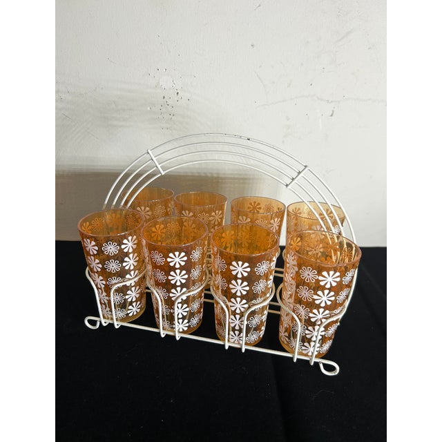 Mid-Century Modern Mid-Century Jeannette Glass Marigold Floral Tumblers With Metal Carry Tray - Set of 8 For Sale - Image 3 of 7