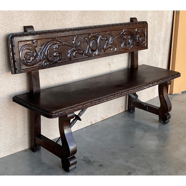 Renaissance 20th Century Spanish Renaissance Carved Walnut Bench Banquette "Escaño" For Sale - Image 3 of 18