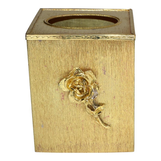 Vintage Embossed Gold Steel Hand-Crafted Tissue Box Cover Rose Detail Brushed Brass Finish For Sale