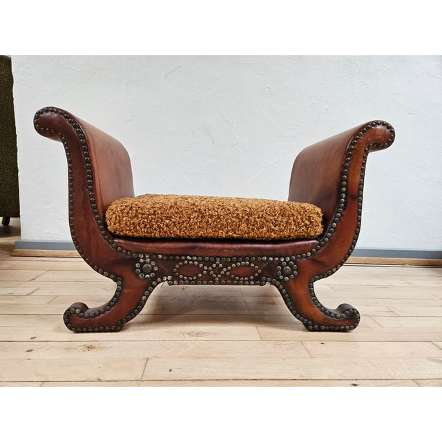 Mid-Century Modern Swedish Leather Footstool attributed to Otto Schulz for Boet, 1930s Art Deco Studded Stool For Sale - Image 3 of 8