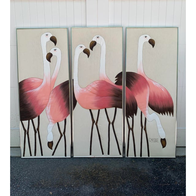 Hand Painted Flamingo Triptych on Fabric For Sale - Image 9 of 13