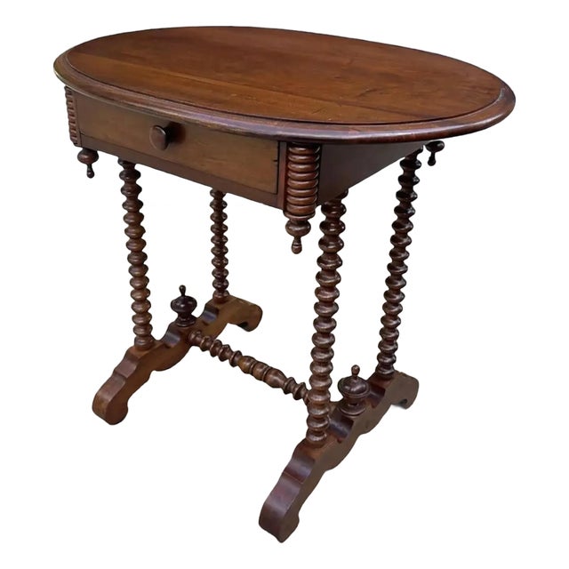 Early 20th C. Antique Spindle Leg Solid Wood Side Table 2 Way Drawer For Sale