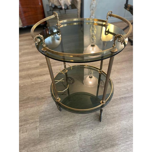 1970s Round Brass and Smoked Glass Serving Trolley, 1970s For Sale - Image 5 of 12