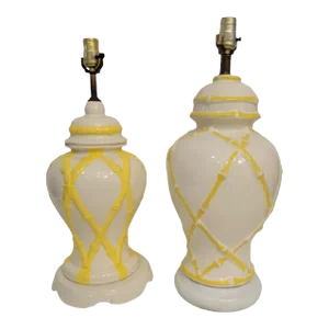 Vintage Yellow White Ceramic Faux Bamboo Palm Beach Regency Style Table Lamps- a Pair