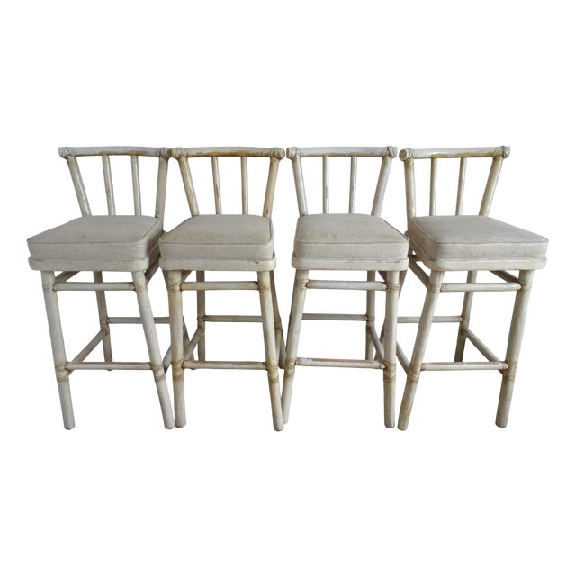 White Bamboo Bar Stools from McGuire, 1970s, Set of 4 For Sale