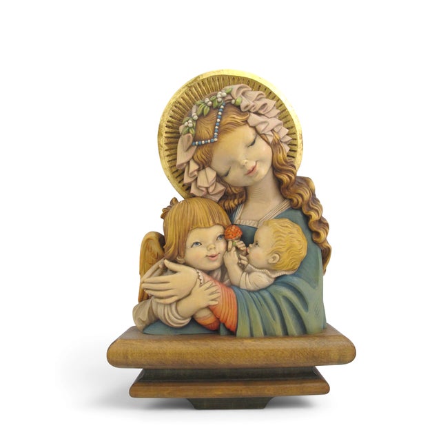 Vintage Anri hand-carved wood wall relief plaque, titled "Madonna with Diadem" (Madonna and Child with Angel) designed by...