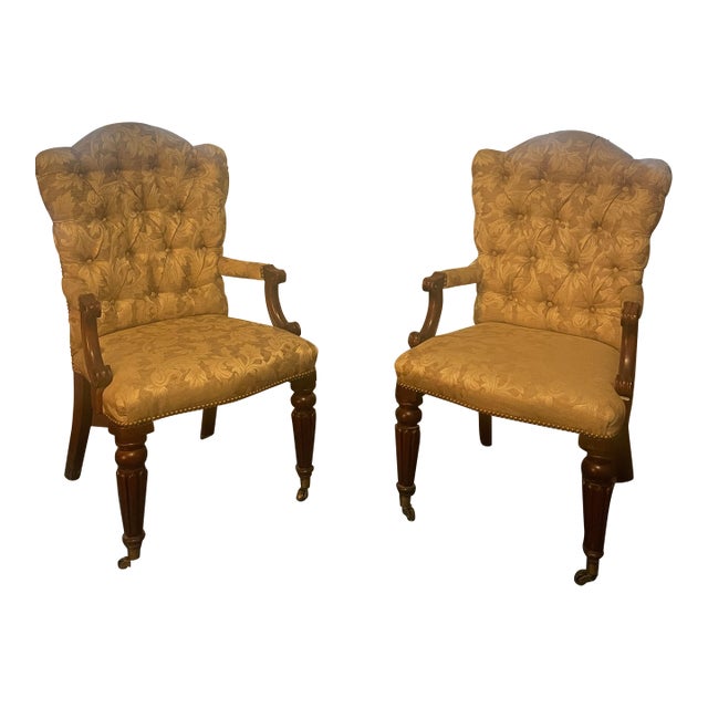 Pair of Vintage Tufted Dining Armchairs in Gold Jacquard Attributed to Henredon For Sale