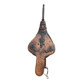 19th-Century Primitive Wood, Leather & Iron Fireplace Bellows With Studded Folk Art Decoration For Sale