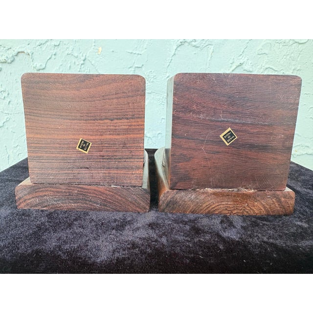 Wood Vintage Hand-Painted Brass Loon Bird Bookends on Solid Wood Bases – Made in India, Mid-Century Style (Pair) For Sale - Image 7 of 8