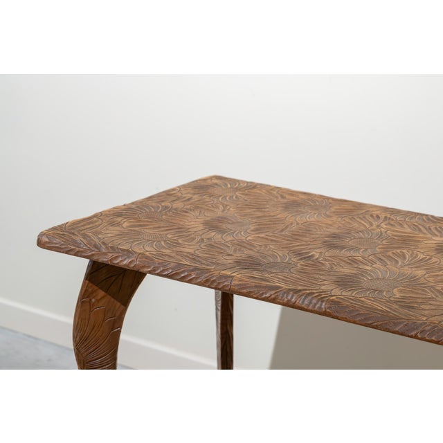 Mid-Century Modern Oak Side Table with Carved Sunflowers, France, 1950s For Sale - Image 3 of 10