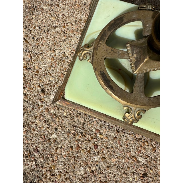 Green 1920s Antique Art Deco Uranium Glass Jadeite Floor Lamp With Stained Glass Shade For Sale - Image 8 of 9