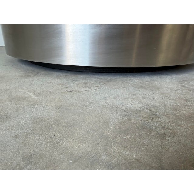 Vintage Milo Baughman Style Brushed Stainless Steel Drum Side Tables With Glass Tops – Pair For Sale - Image 10 of 12