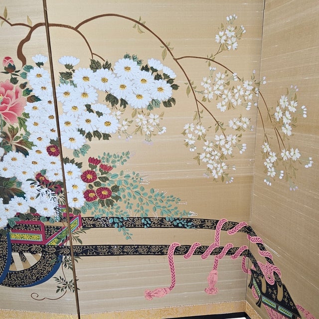 Wood Japanese Showa Byobu Screen Divider "Flower Cart" Four Panel Japan 71"l For Sale - Image 7 of 10