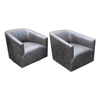 Pair of Restoration Hardware 1950s Italian Shelter Charcoal Gray Distressed Leather Swivel Club Chairs For Sale