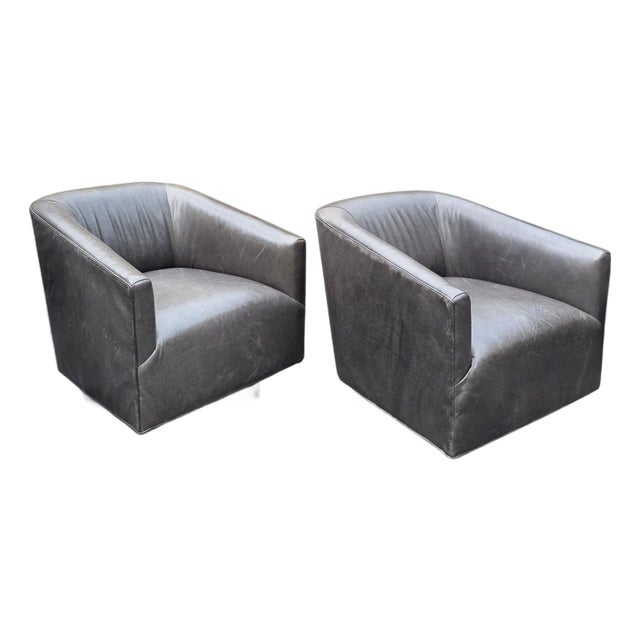 Pair of Restoration Hardware 1950s Italian Shelter Charcoal Gray Distressed Leather Swivel Club Chairs For Sale