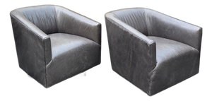 Pair of Restoration Hardware 1950s Italian Shelter Charcoal Gray Distressed Leather Swivel Club Chairs