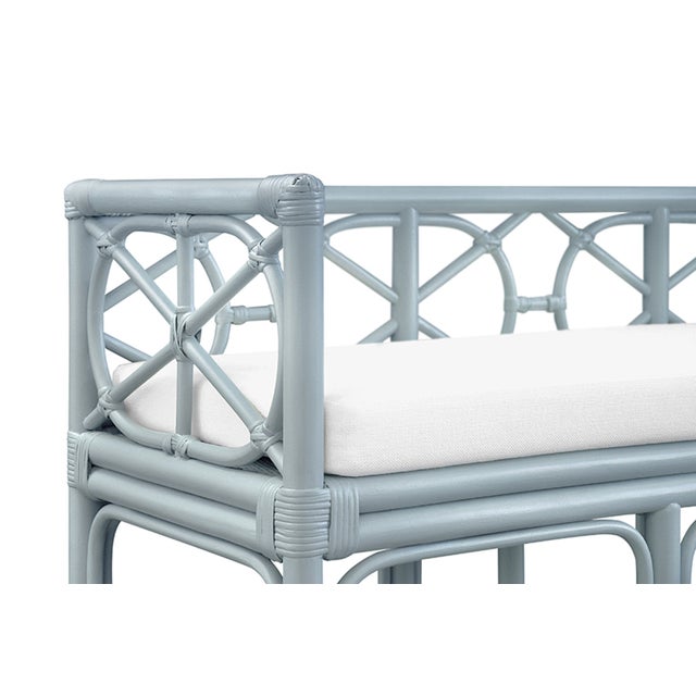 Wood Matthew Izzo Home - Ferguson Light Blue Bench With Ivory Performance Linen Cushion For Sale - Image 7 of 9