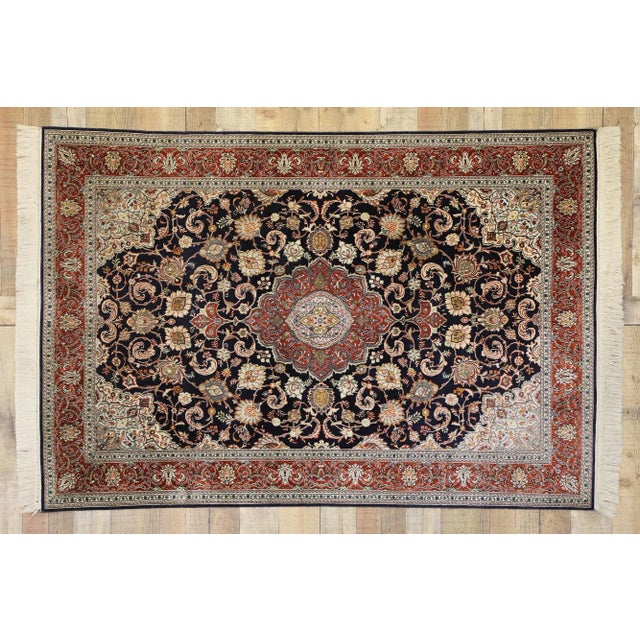 Ink Blue Vintage Persian Kashan Silk Rug - 04'01 X 06'01 For Sale - Image 8 of 10