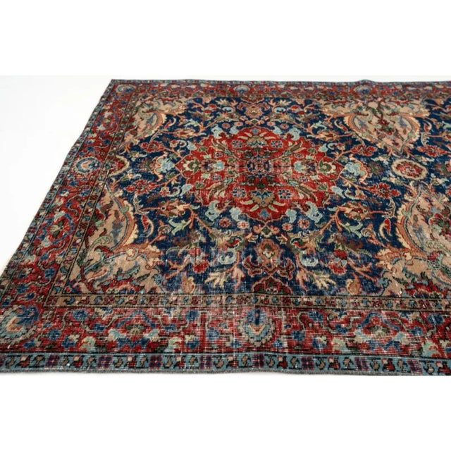 Textile Antique Distressed Persian Tabriz-Style Navy & Red Floral Rug For Sale - Image 7 of 7