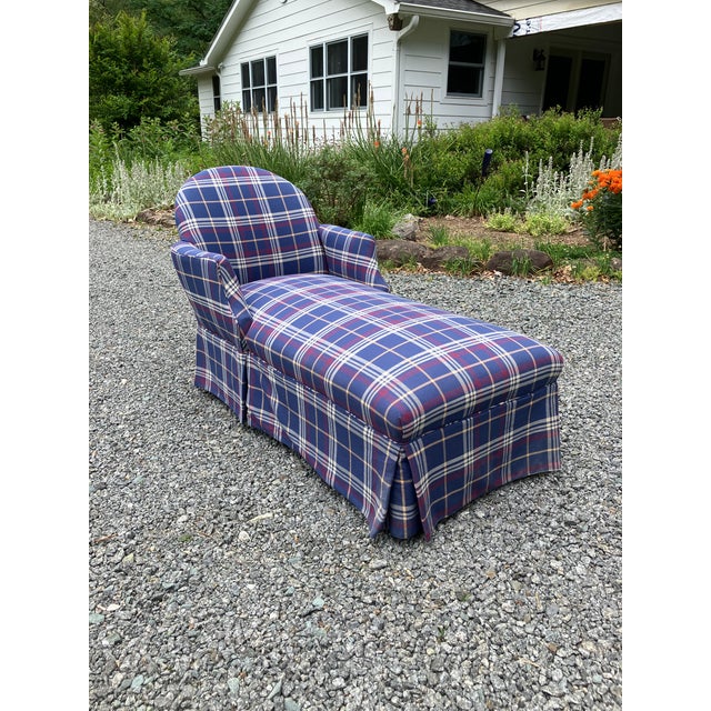 Early 20th Century Louis XVI Style Upholstered Blue Tartan Plaid Chaise Lounge For Sale - Image 4 of 8