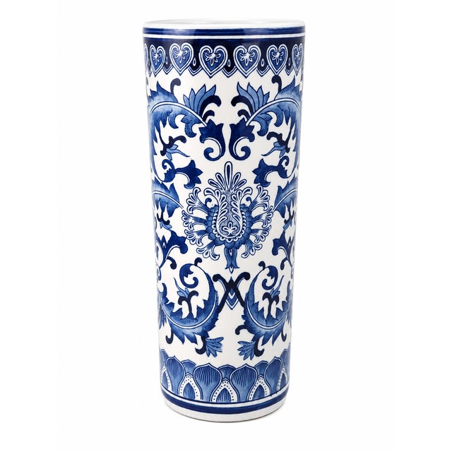 Blue Vintage Heavy White and Blue Chinoiserie Porcelain Umbrella Stand, Circa 1990s For Sale - Image 8 of 8