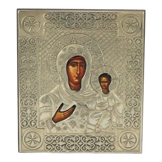 Early 20th Century Religious Icon Portrait of Mary & Baby Jesus Encased in Sterling Silver For Sale