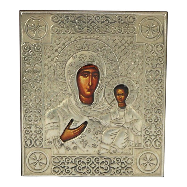 Early 20th Century Religious Icon Portrait of Mary & Baby Jesus Encased in Sterling Silver For Sale