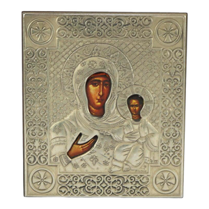 Early 20th Century Religious Icon Portrait of Mary & Baby Jesus Encased in Sterling Silver