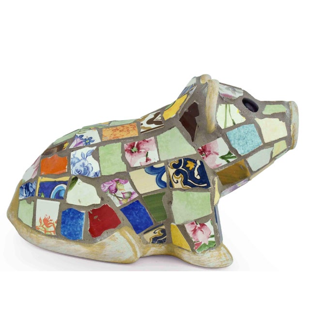 Shabby Chic Handcrafted Multicore Reclaimed Ceramic Pieces Mosaic Pig Garden Outdoor Figurine For Sale - Image 3 of 12