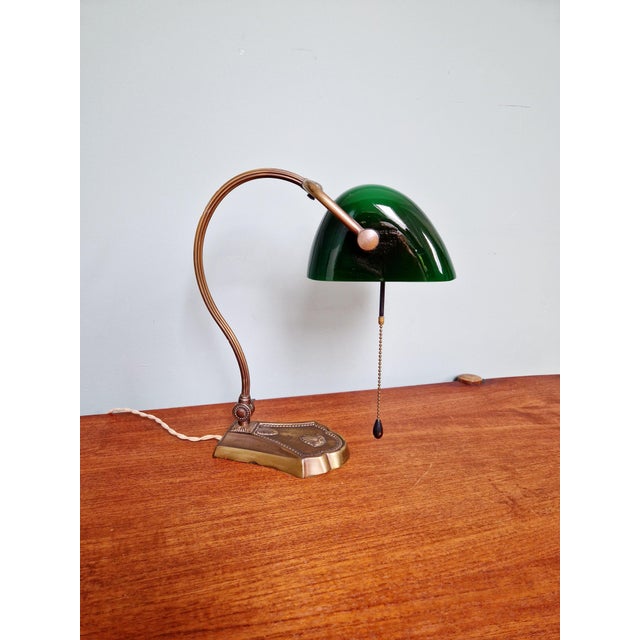 Articulated Brass Bankers Lamp with Green Opaline Shade, 1920s For Sale - Image 3 of 18
