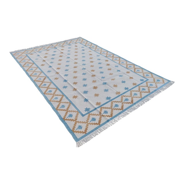 Handmade Cotton Vegetable Dyed White, Sky Blue and Tan Star and Gingham Rug - 12'x15' For Sale