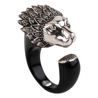 Miriam Salat Lion Head Art Deco Sterling Silver Black Resin & White Topaz Ring For Sale