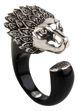 Miriam Salat Lion Head Art Deco Sterling Silver Black Resin & White Topaz Ring