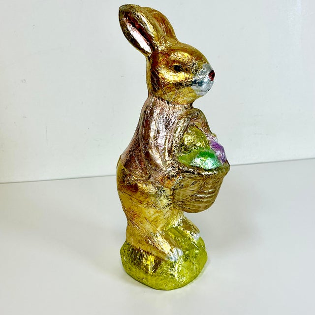 1990s Vintage Shabby Chic Foil Covered Plaster Faux Chocolate Bunny Figurine - Easter. For Sale - Image 4 of 15