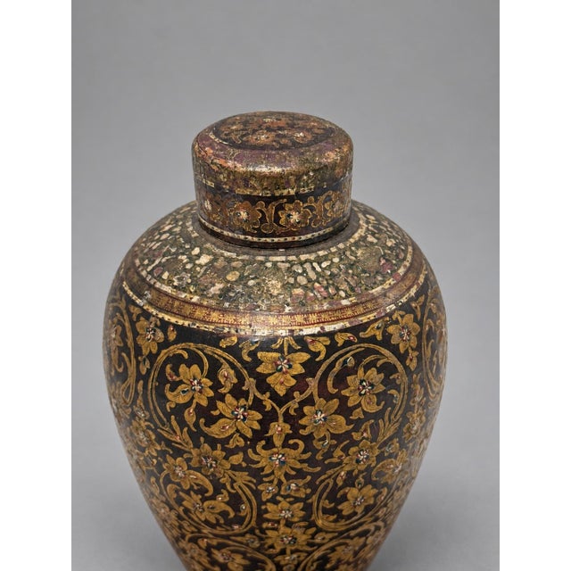 Antique 19th Century or Earlier, Kashmiri Gilt Papier-Mache Lacquer Lidded Vase For Sale In Providence - Image 6 of 13