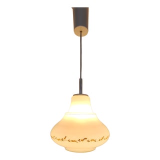 Vintage Ceiling Lamp with White Glass Shade and Colorful Floral Decor, 1970s For Sale