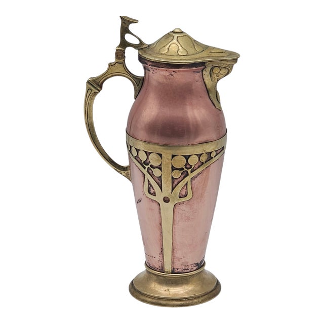 Art Nouveau Jugendstil Copper and Brass Lidded Tankard or Flagon, 13” For Sale