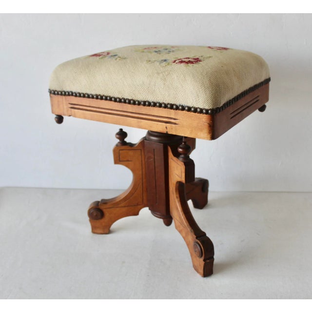 Tonk Chicago & New York Vintage Ornate Wood Needlepoint Padded Upholstered Adjustable Height Stool For Sale In Miami - Image 6 of 12