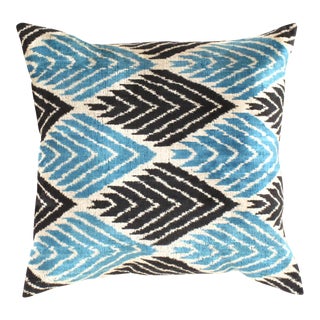 Contemporary Blue Color Turkish Velvet Ikat Pillow For Sale