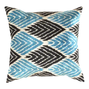 Contemporary Blue Color Turkish Velvet Ikat Pillow