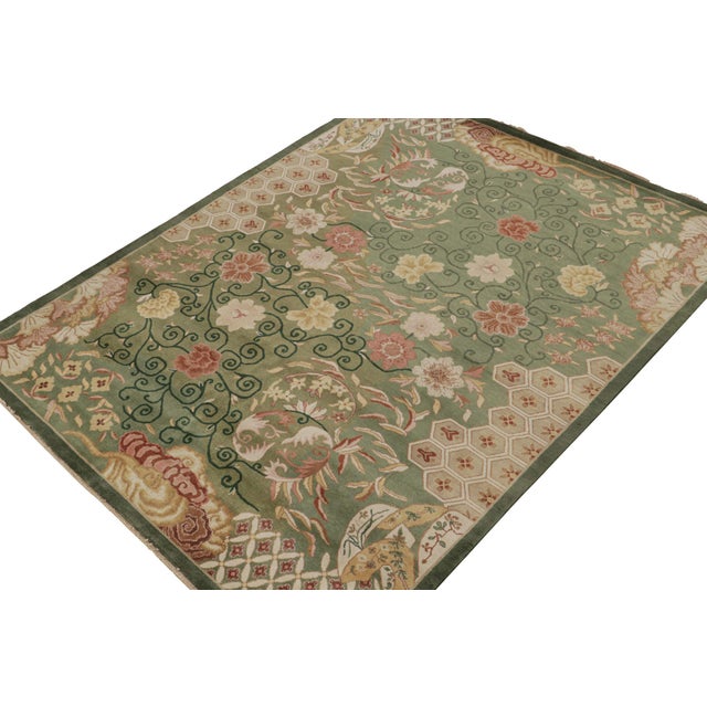 Rug & Kilim 2010s Rug & Kilim’s Chinese Style Art Deco Rug in Green With Red & Gold Florals For Sale - Image 4 of 7