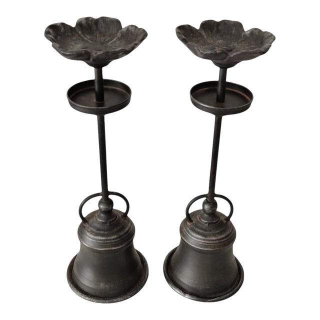 Vintage Wrought Iron Tall Sculptural Flower Shaped Candle Holder ~ Pair For Sale