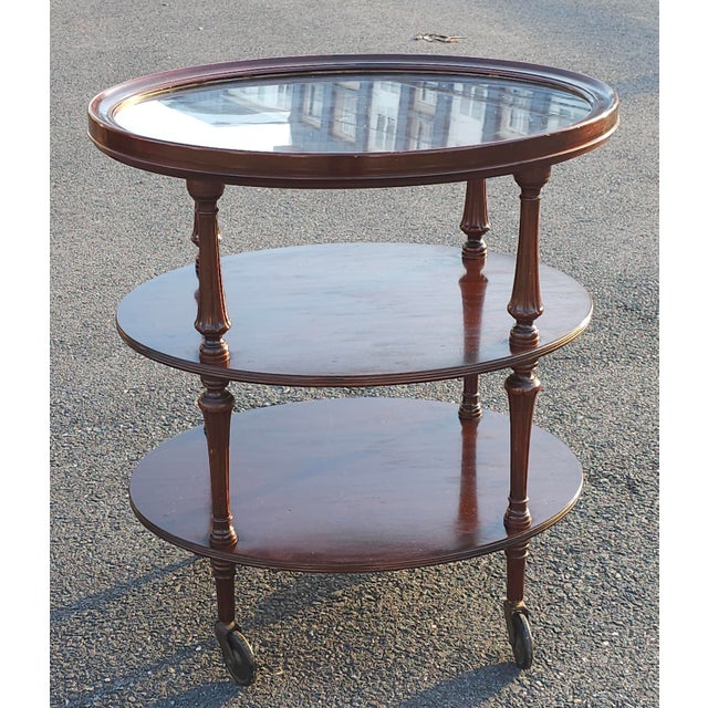 Early 20th Century Mahogany Oval Three-Tiered Rolling Bar Cart For Sale - Image 4 of 13