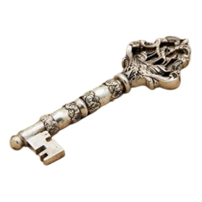 Detailed Silver Key with Reliefs and Cut-Out Galleon | Chairish